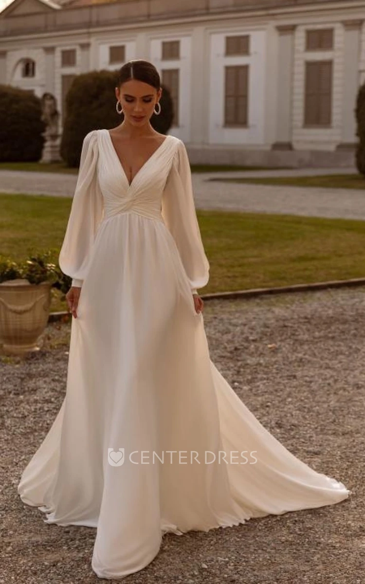 Simple Satin Marriage Gown Long Sleeve V-neck A-Line with Sweep Train Low-V Back Peplum