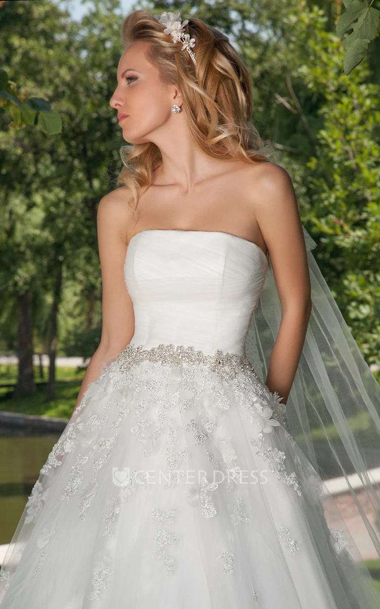 A-Line Maxi Strapless Jeweled Tulle Wedding Dress With Ruching And Cape