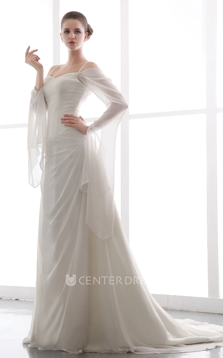 Exquisite Spaghetti Long Sleeve Chiffon Wedding Dress with Ruching