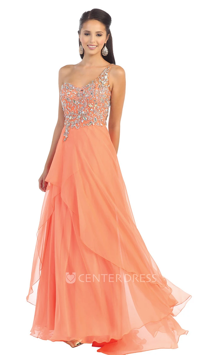 A-Line Maxi One-Shoulder Sleeveless Chiffon Illusion Dress With Beading And Draping