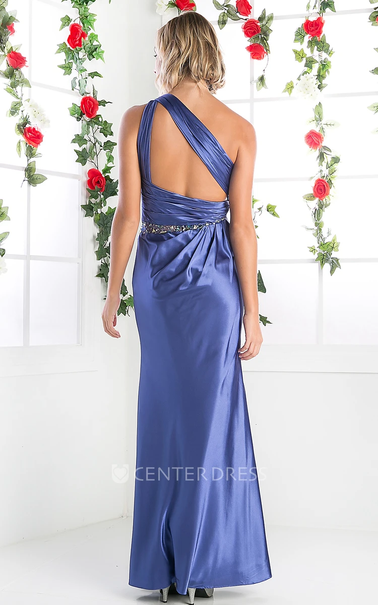 Sheath One-Shoulder Sleeveless Satin Dress With Ruching And Split Front