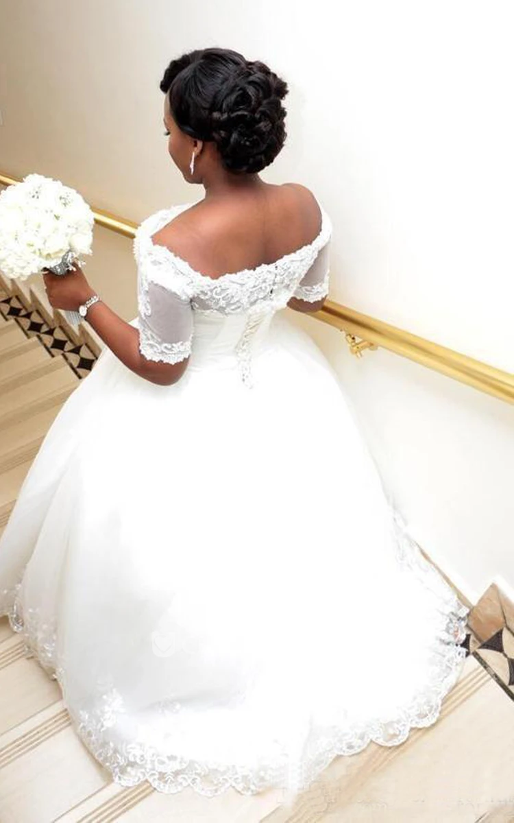 Ball Gown Off-the-shoulder Lace Tulle Open Back Zipper Wedding Gown