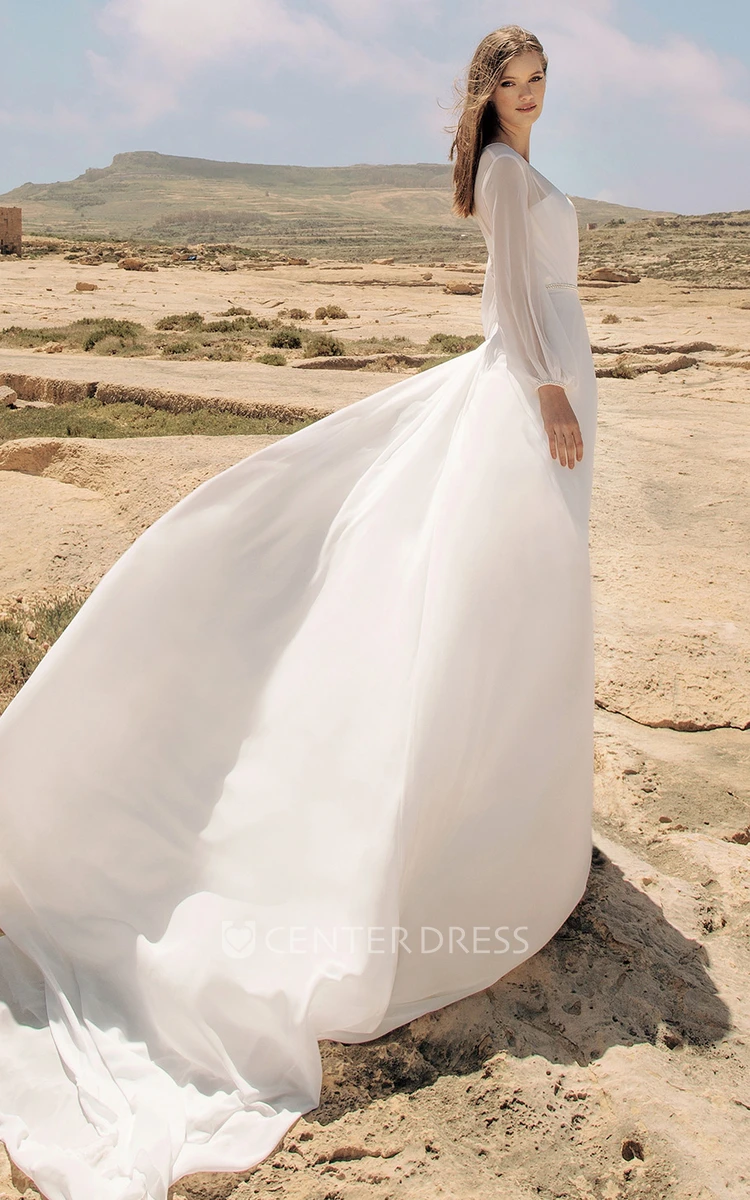 Casual Chiffon Long Sleeve Illusion A Line Poet Wedding Dress with Ruching