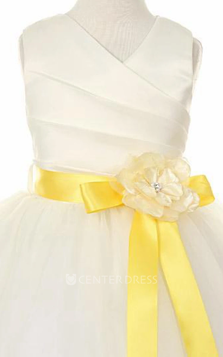 V-Neck Ankle-Length Tiered Tulle&Satin Flower Girl Dress
