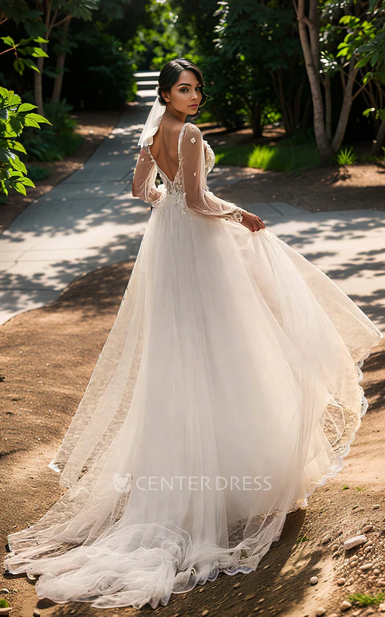 Ethereal Romantic Long Sleeve Plunging Neckline A-Line Lace Appliques Tulle Wedding Dress Sexy Elegant Floor-length Spaghetti Deep-V Back Bridal Gown