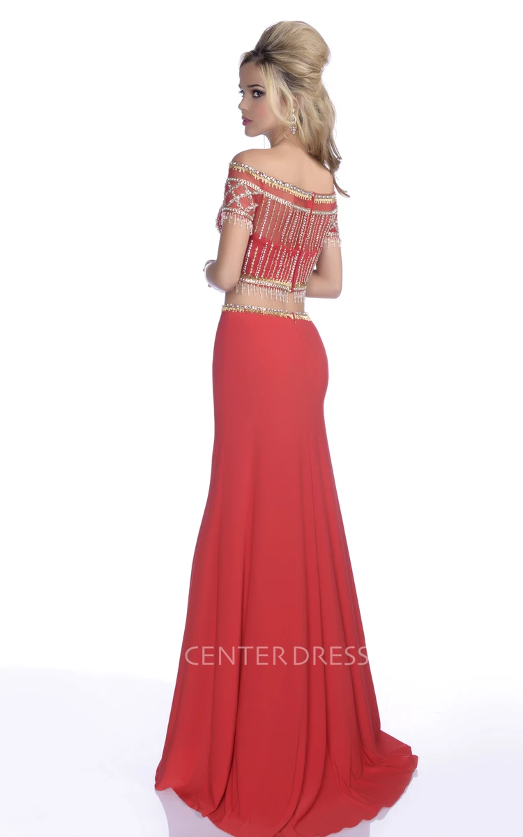Crop Top Off-The-Shoulder Column Prom Dress With Crystal Jeweled Appliques