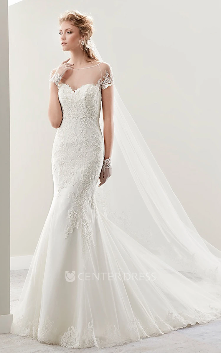Illusion Jewel-Neck Sheath Bridal Gown With T-Shirt Sleeves And Court Train