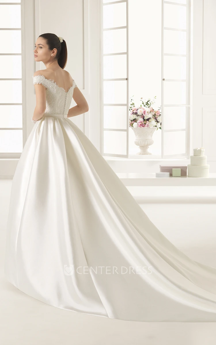 Princess Style Off-shoulder Lacy Bodice Satin Gown With Bow and Pockets