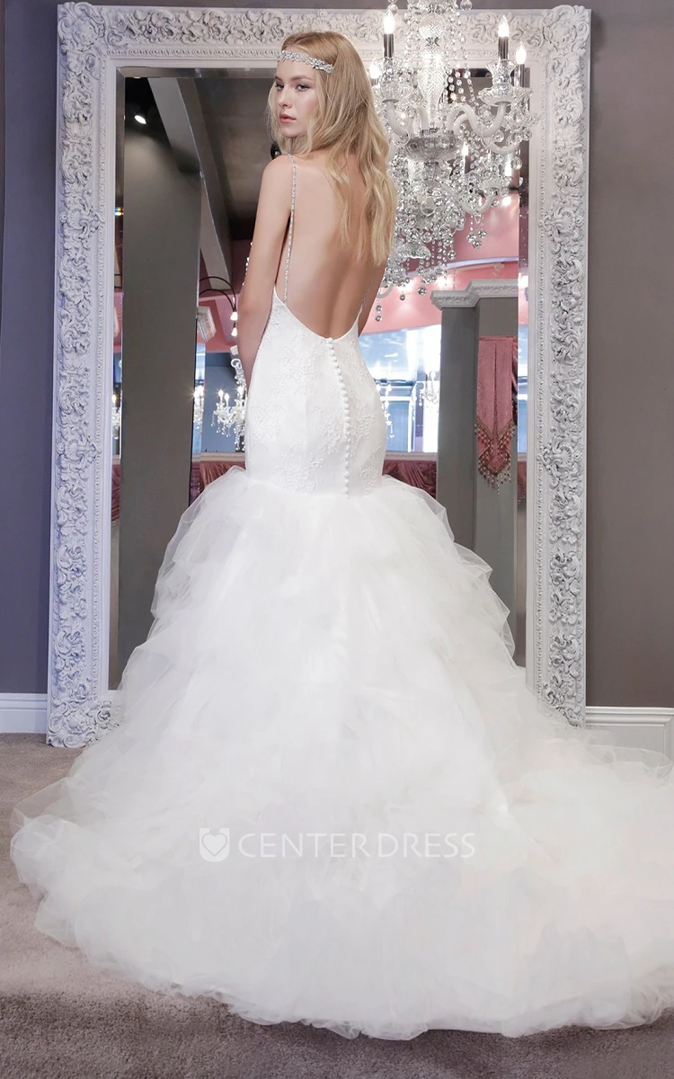 A-Line Long Ruffled Spaghetti Tulle Wedding Dress With Crystal Detailing And Lace