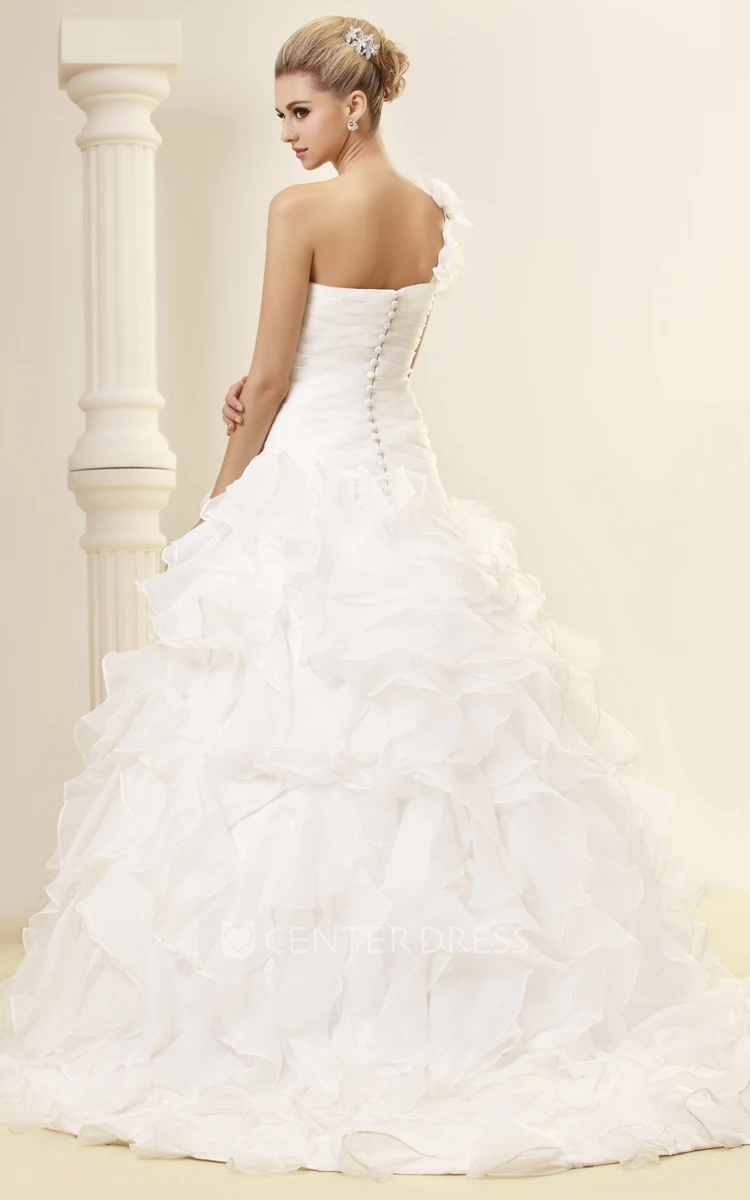 One-Shoulder Criss-Cross A-Line Organza Wedding Gown With Ruffles