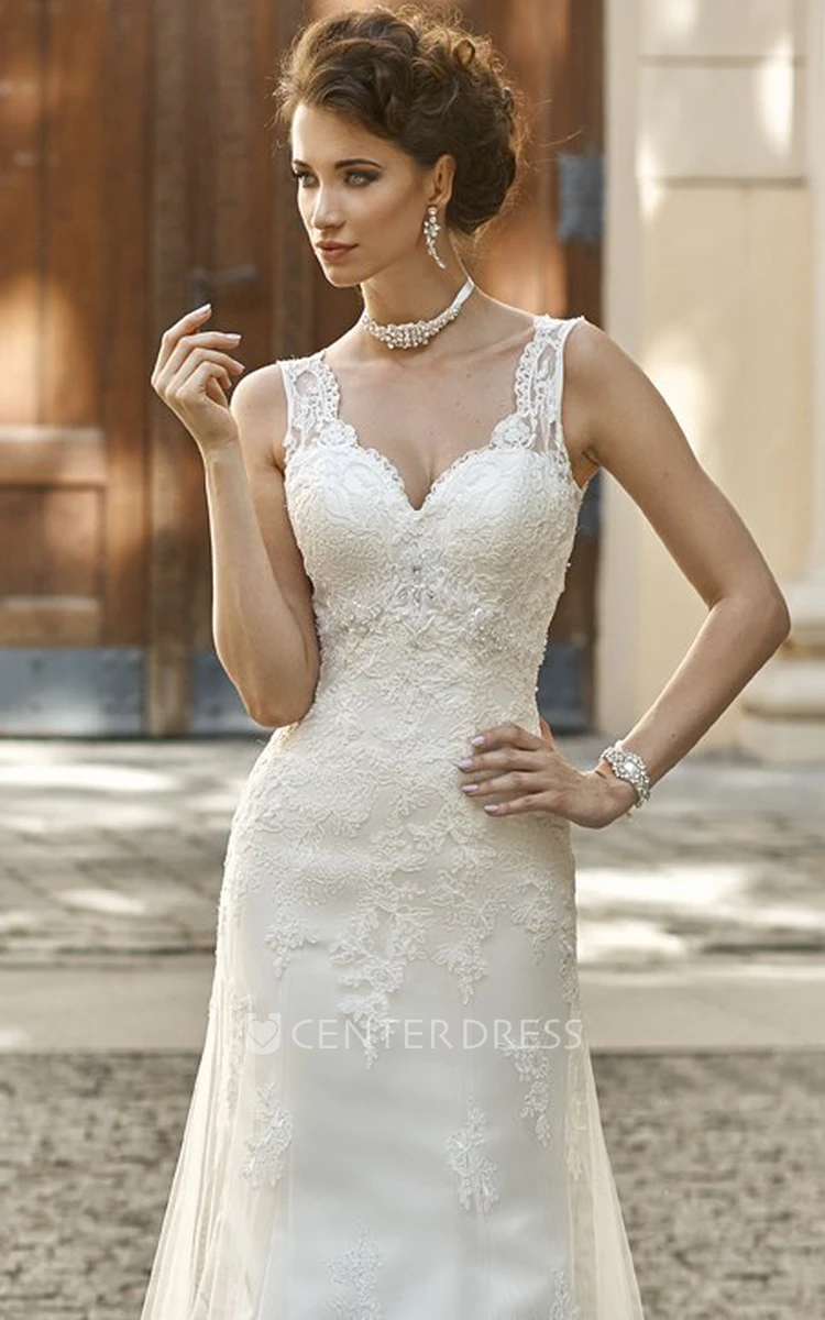 Sheath Floor-Length Sleeveless Appliqued V-Neck Lace&Satin Wedding Dress