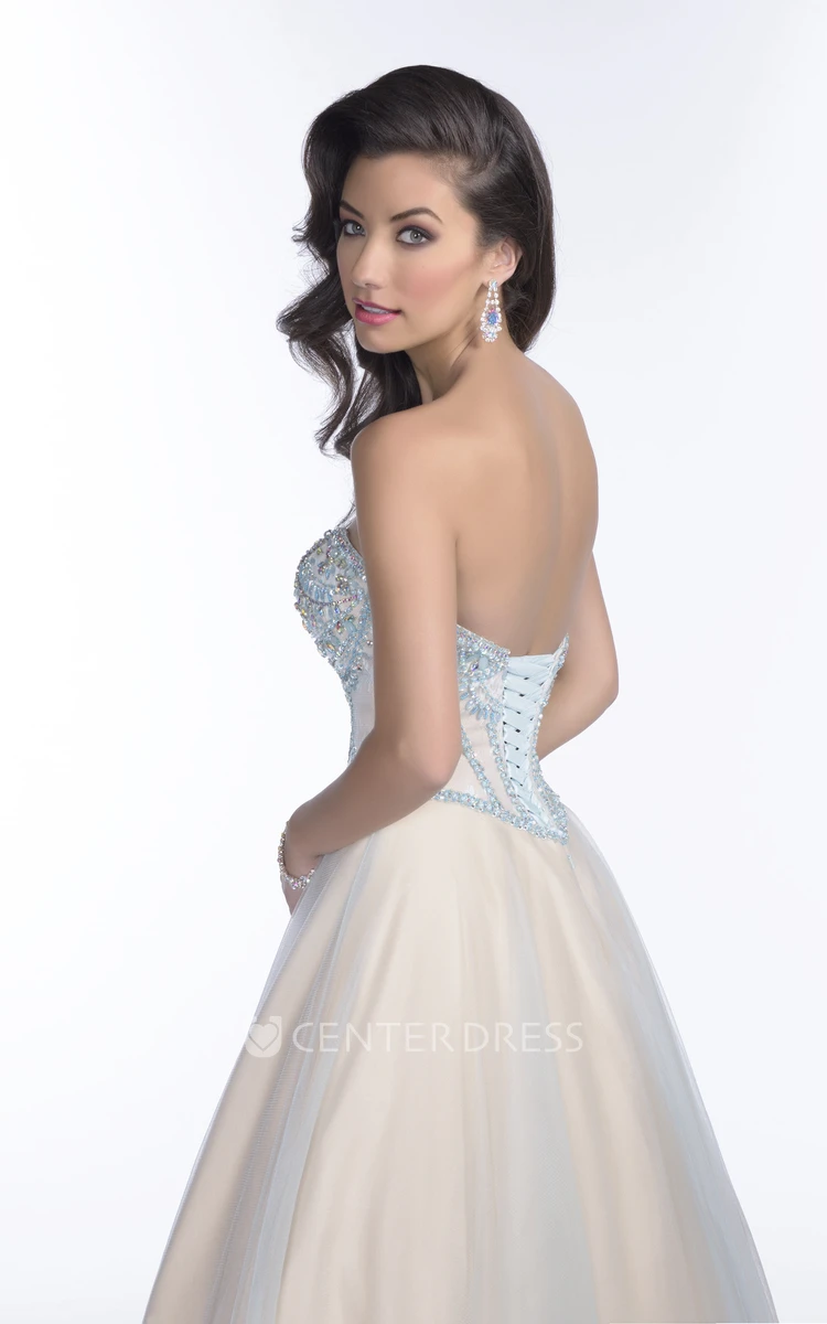 Tulle A-Line Sweetheart Prom Dress Featuring Lace-Up Back And Jeweled Bust