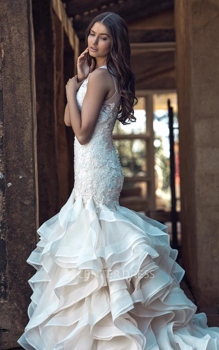 Floor-Length Scoop Appliqued Lace Wedding Dress With Court Train And Illusion