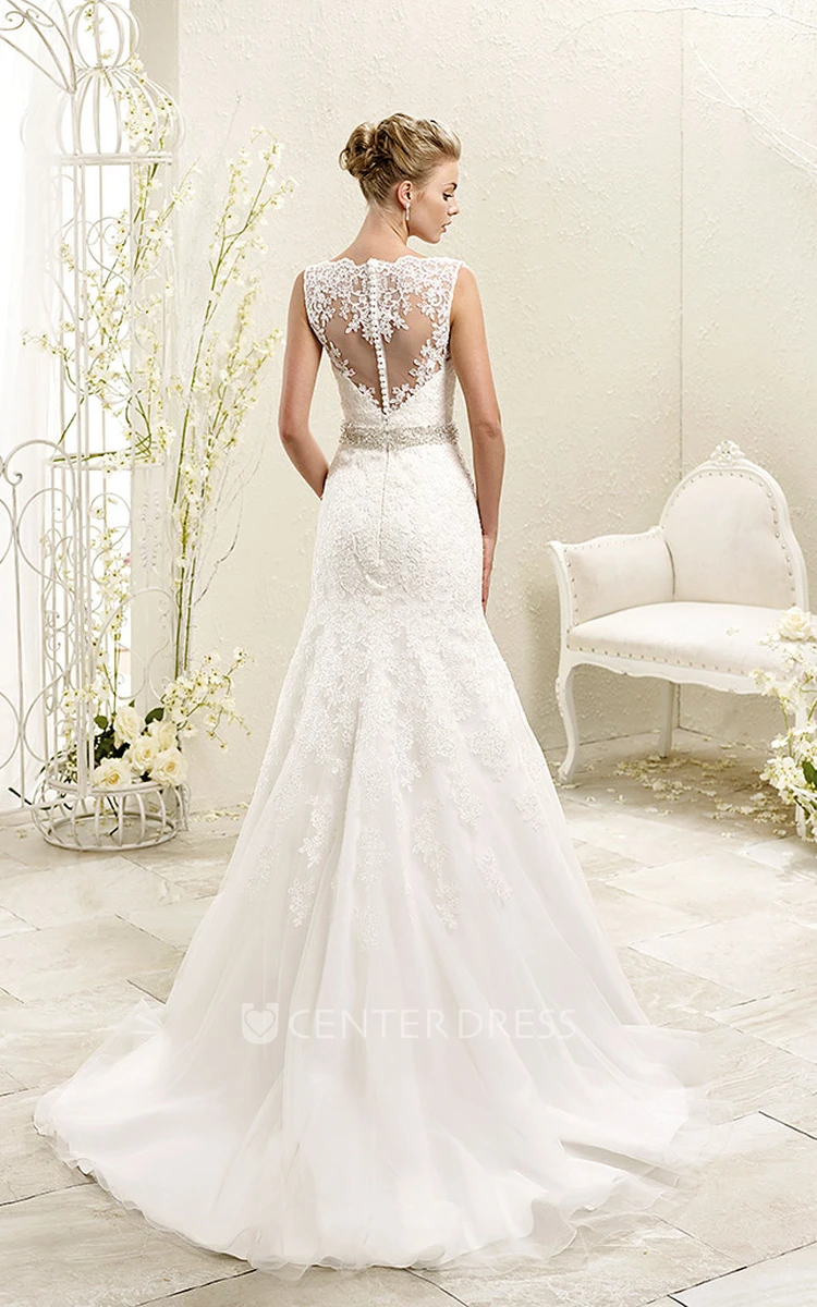 A-Line Bateau-Neck Sleeveless Appliqued Floor-Length Lace Wedding Dress With Waist Jewellery