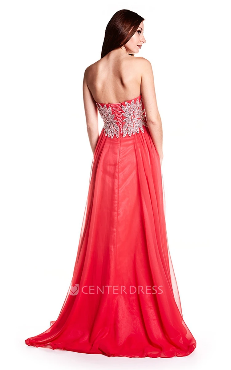 A-Line Crystal Sweetheart Floor-Length Sleeveless Chiffon Prom Dress With Lace-Up Back And Pleats