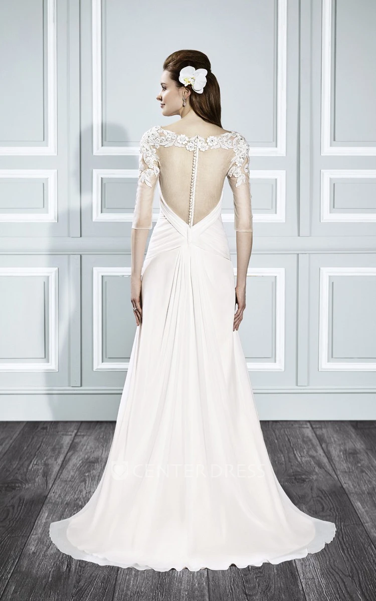 Sheath Appliqued Half-Sleeve Scoop-Neck Chiffon Wedding Dress With Criss Cross And Illusion