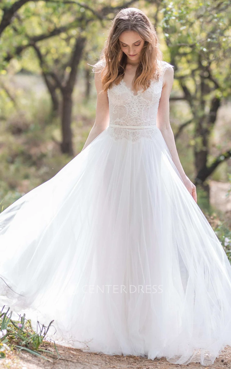 Plunged Cap-Sleeve Chiffon Sheath Wedding Dress With Lace