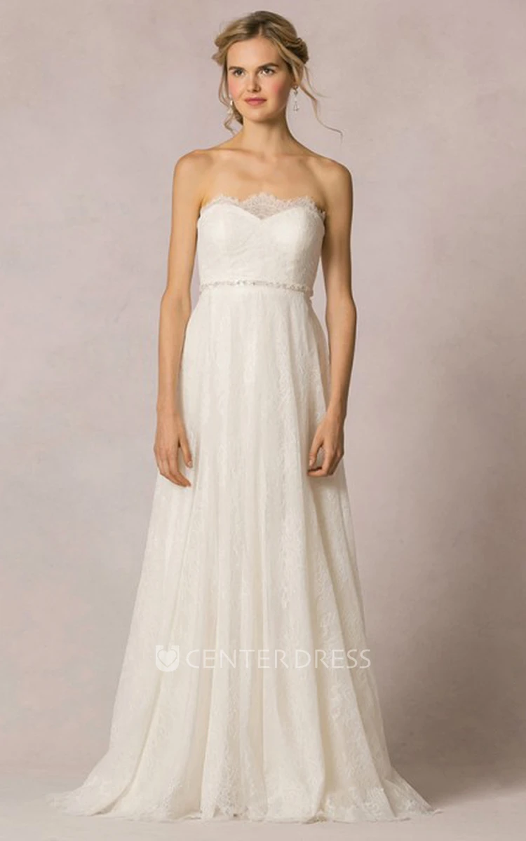 A-Line Jeweled Floor-Length Strapless Lace Wedding Dress