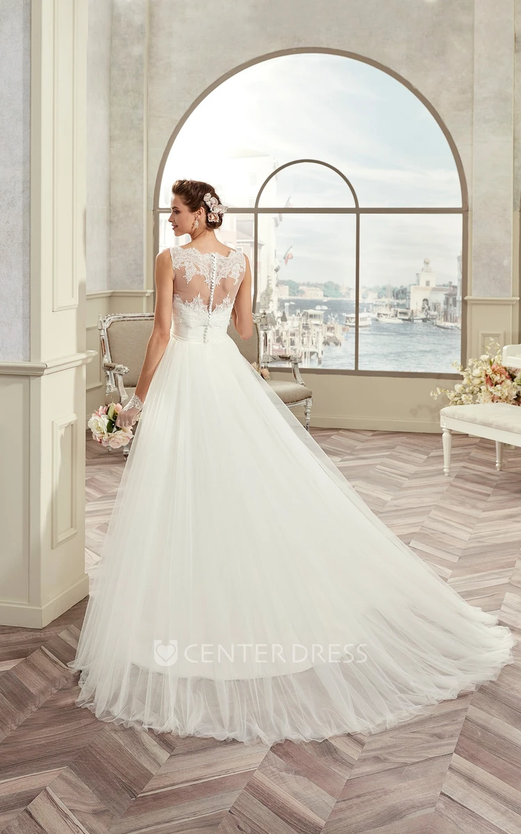Scalloped-Neck Cap-Sleeve A-Line Bridal Gown With Illusive Design And Brush Train