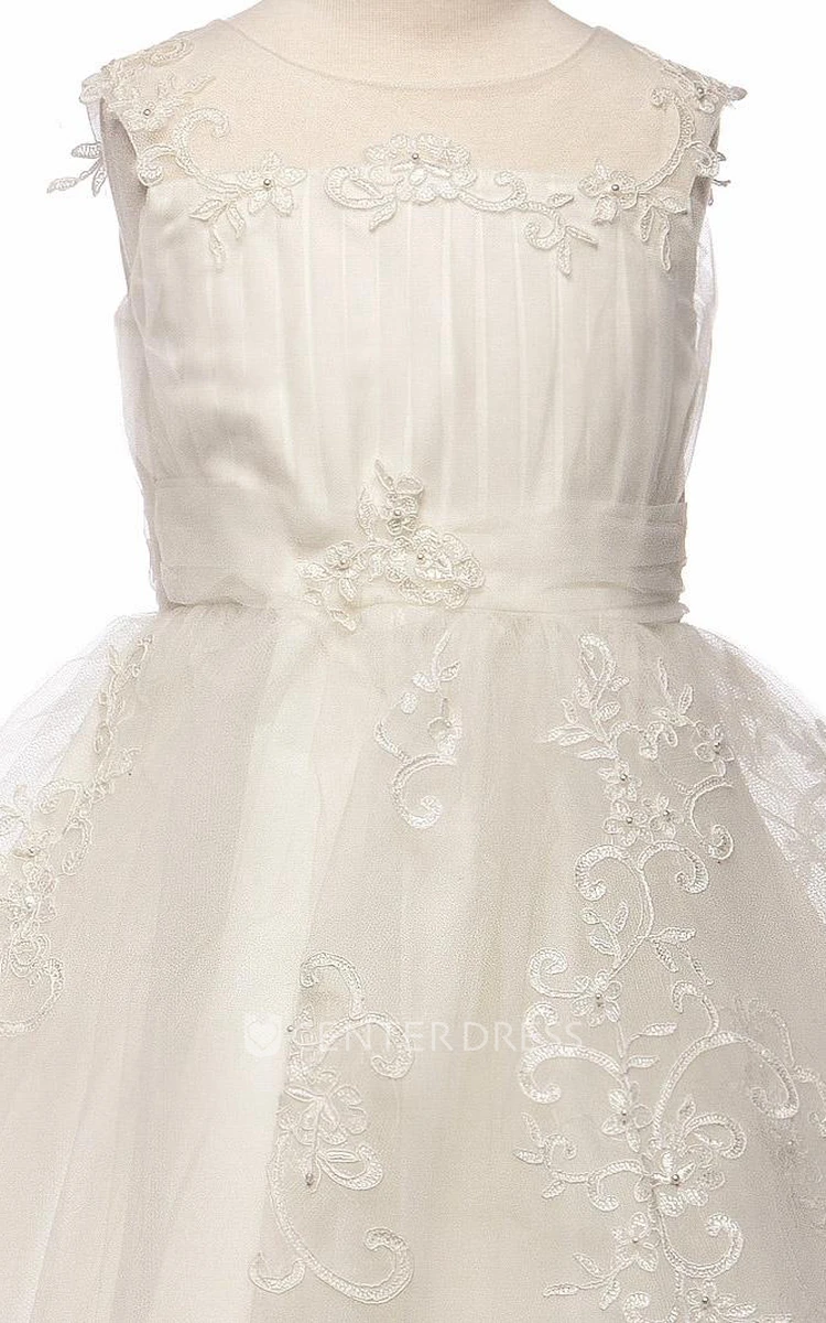 Tea-Length Embroideried Pleated Tiered Tulle Flower Girl Dress With Split Front