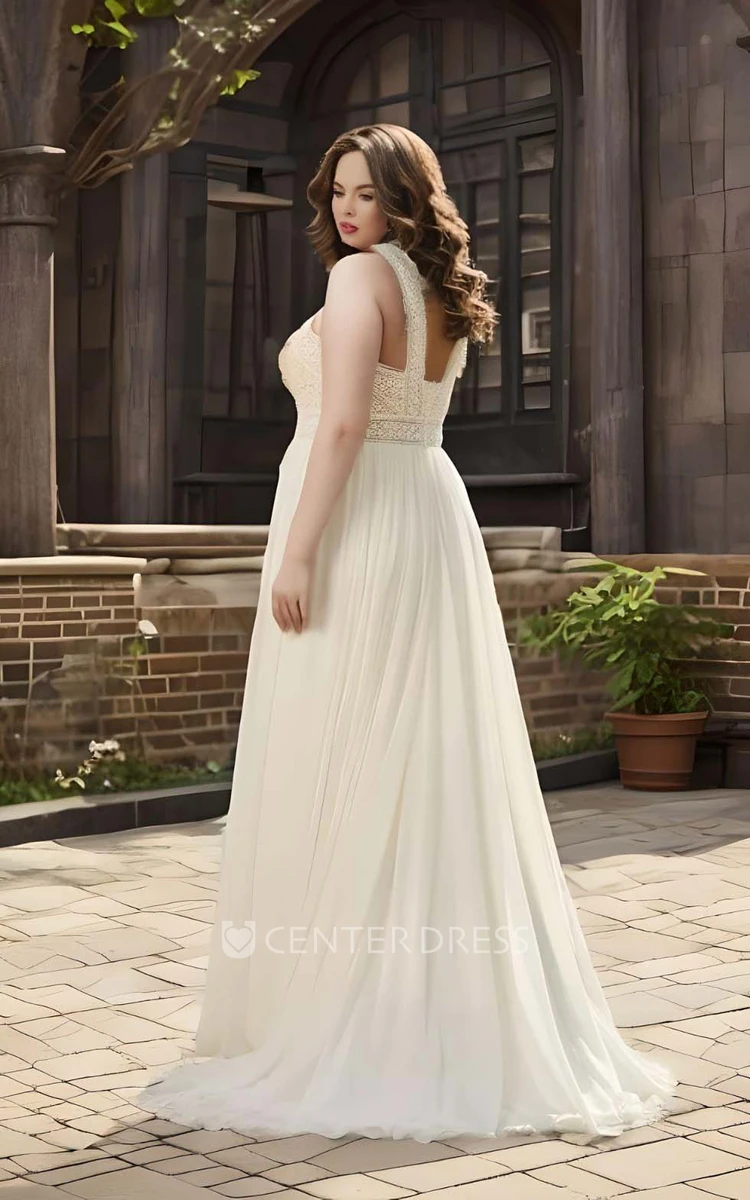 Plus Size A-Line Lace Wedding Dress 2024 Bohemian Casual Floor-length Sweep Train