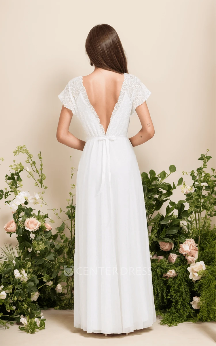 Short Sleeve Plunging Neckline Boho Lace Sexy A-Line Floor-length Wedding Dress with Ribbon Deep-V Back