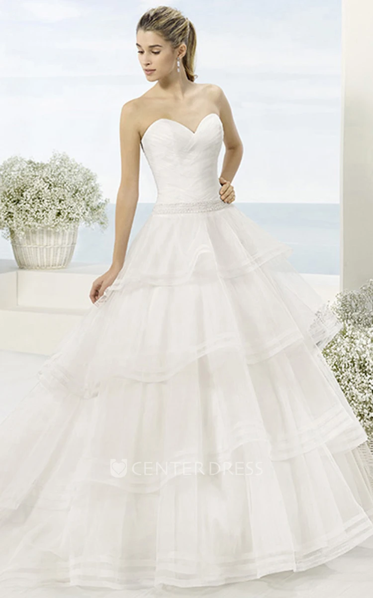 Ball-Gown Long Sweetheart Sleeveless Tiered Tulle Wedding Dress With Cascading Ruffles And Waist Jewellery