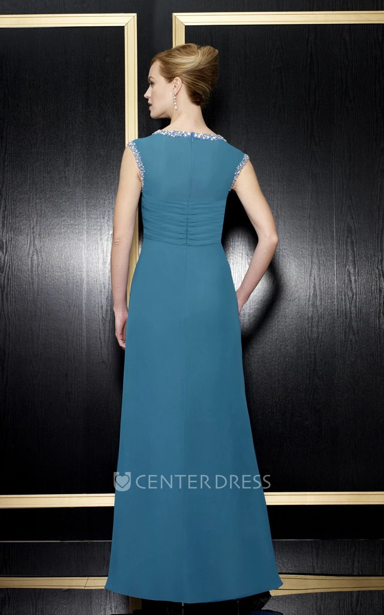 A-Line Floor-Length Empire Queen-Anne Criss-Cross Chiffon Formal Dress With Zipper Back And Beading