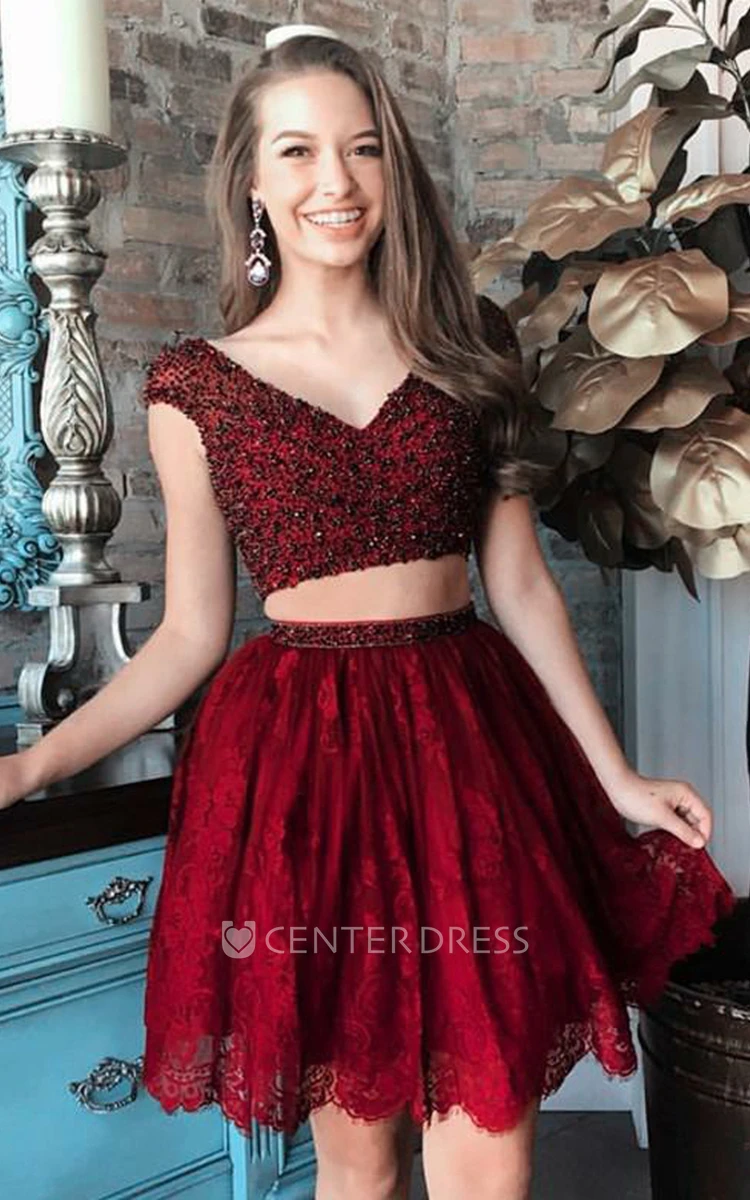 Adorable Two Piece Lace V-neck Short Sleeve with Beading and Pleats Homecoming Dress