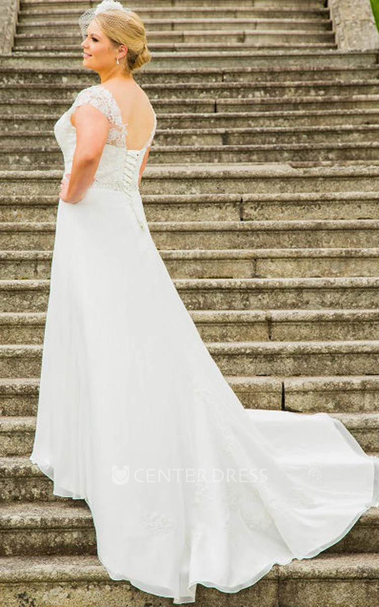 V Neck Plus Size Lace Cap Sleeve Bridal Gown With Lace Up