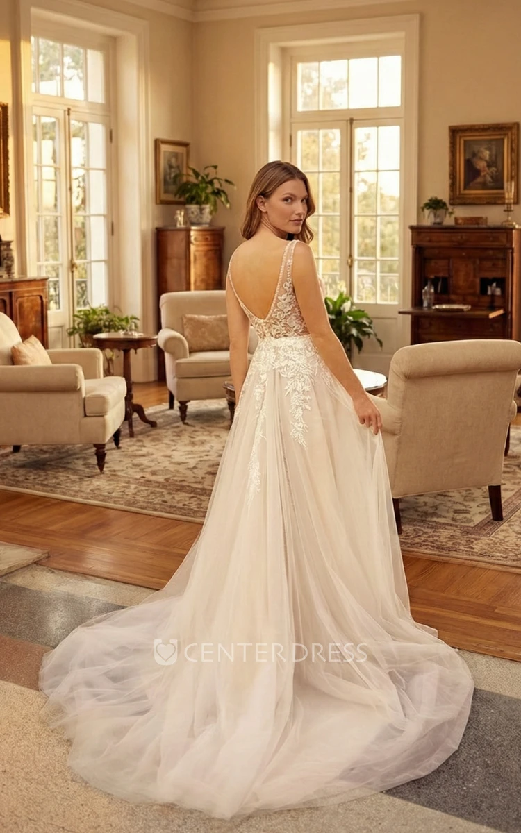 Romantic A-Line Lace Sleeveless Bridal Dress Country Boho V-Neck Outdoor Tulle Wedding Gown