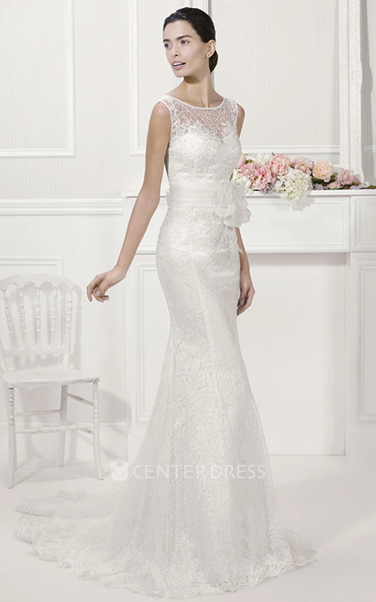 Sheath Floral Lace Bridal Gown With Removable Tulle Skirt