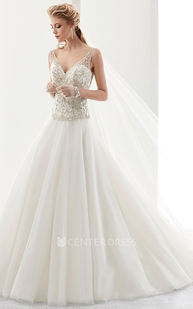 V-Neck A-Line Brush-Train Bridal Gown With Sequins Bodice And Low-V Back