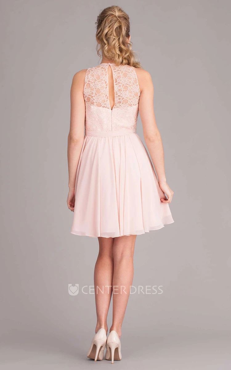 Mini Sleeveless Scoop Neck Lace Chiffon Bridesmaid Dress