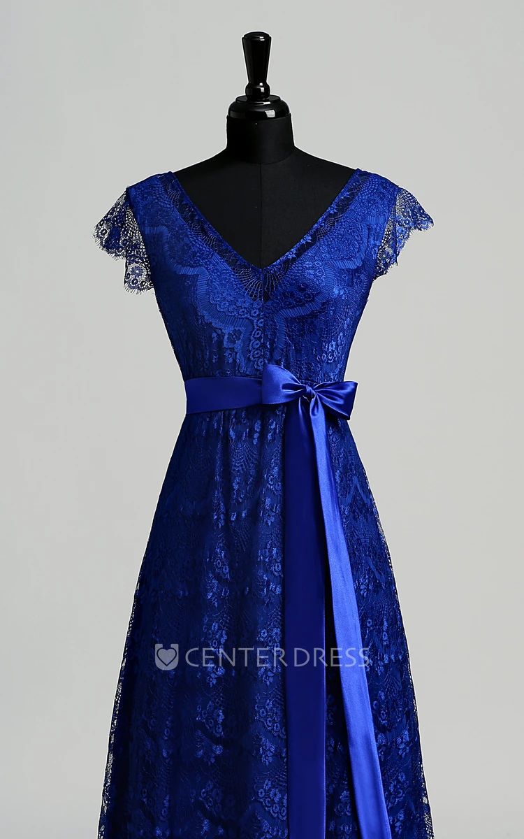 Lace A-line V-neck Cap Short Sleeve Sash/Ribbon Dress
