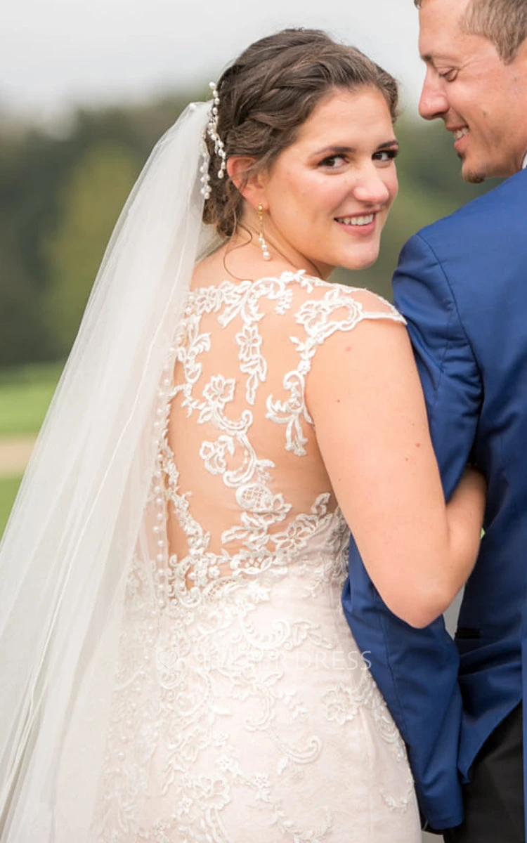 Modest Sheath Wedding Dress Jewel Neckline Lace Petals Garden Flowy Train Bridal Gown