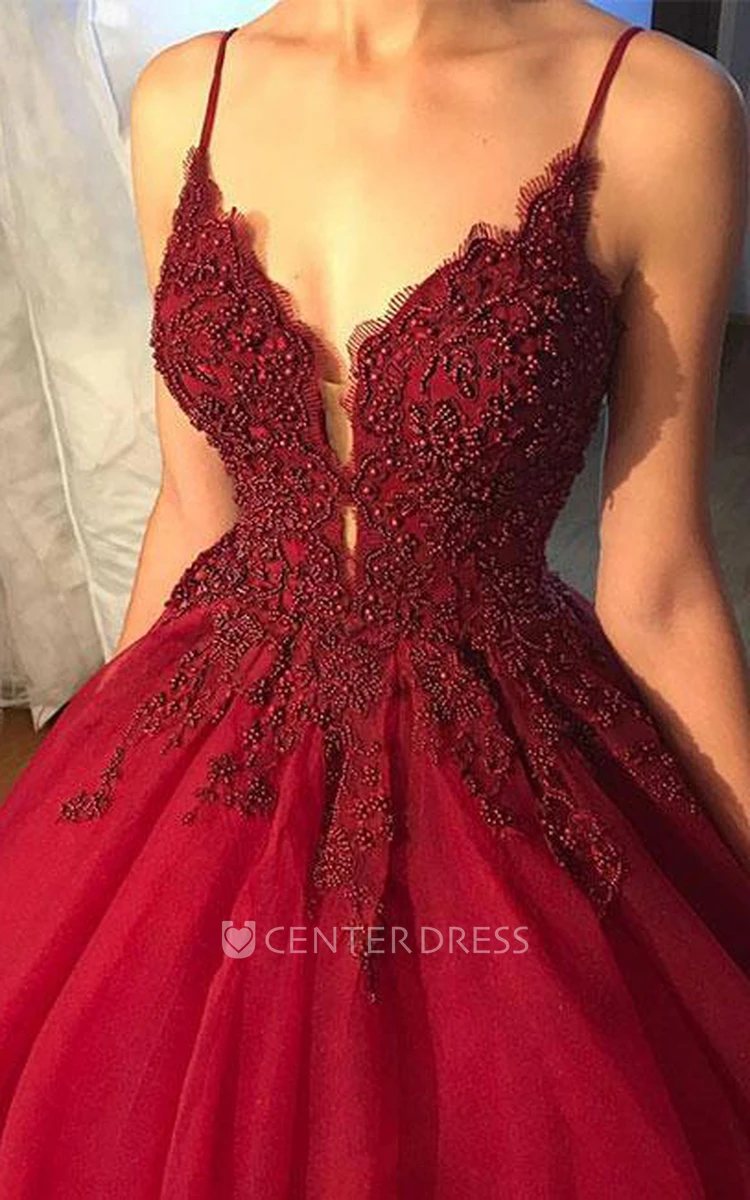 Sleeveless Floor-length Ball Gown Spaghetti Organza Lace Dress