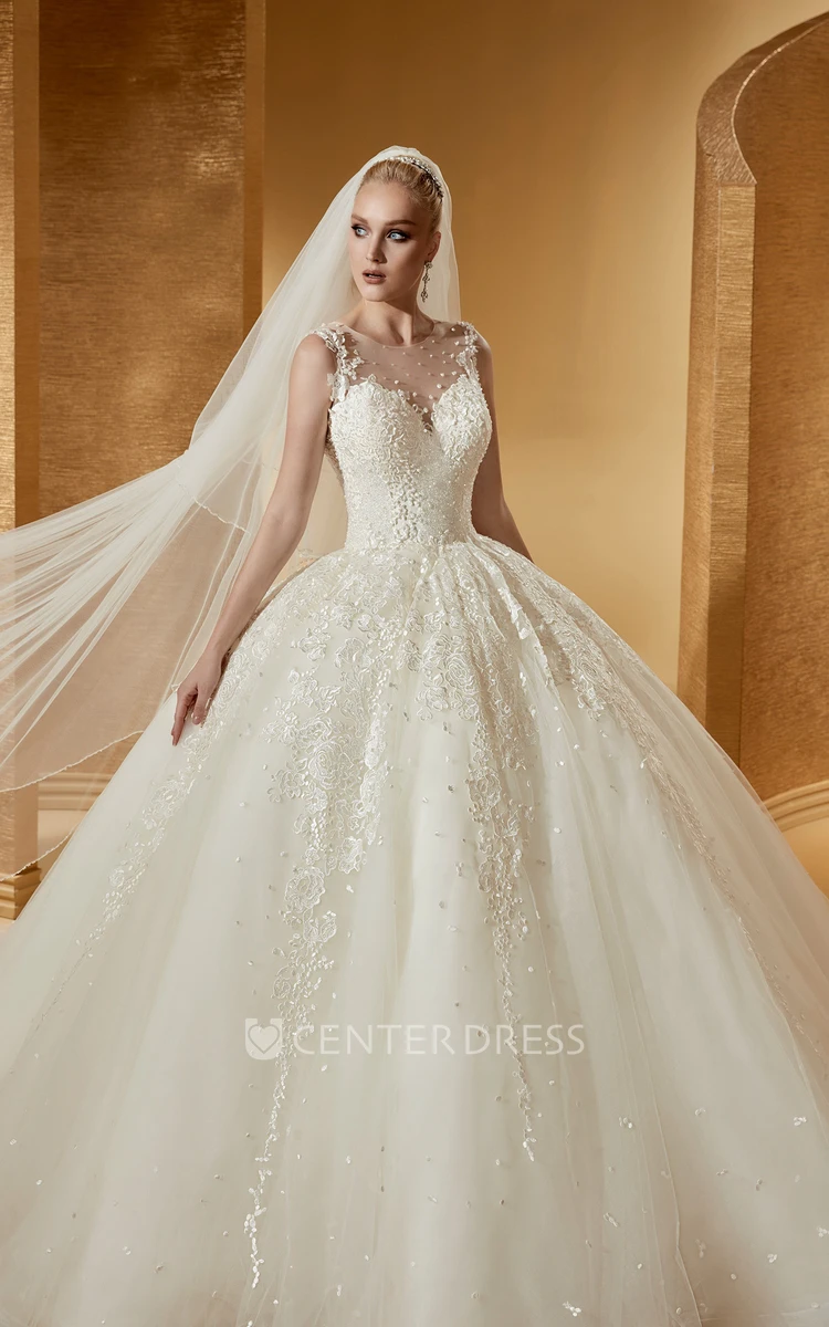 Romantic Cap Sleeve Appliques Ball Gown With Illusive Neckline And Brush Train
