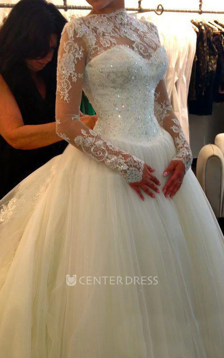 A-Line Short High Neck Sweetheart Long Sleeve Bell Poet Pleats Beading Appliques Court Train Backless Tulle Lace Dress