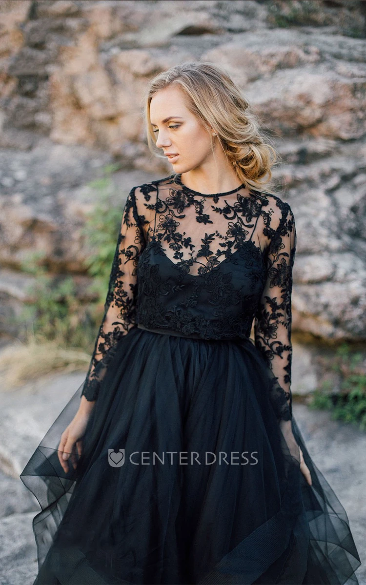 A-Line Long Sleeve Floor-length Scoop Button Illusion Appliques Lace Pleats Sash/Ribbon Black Wedding Dress
