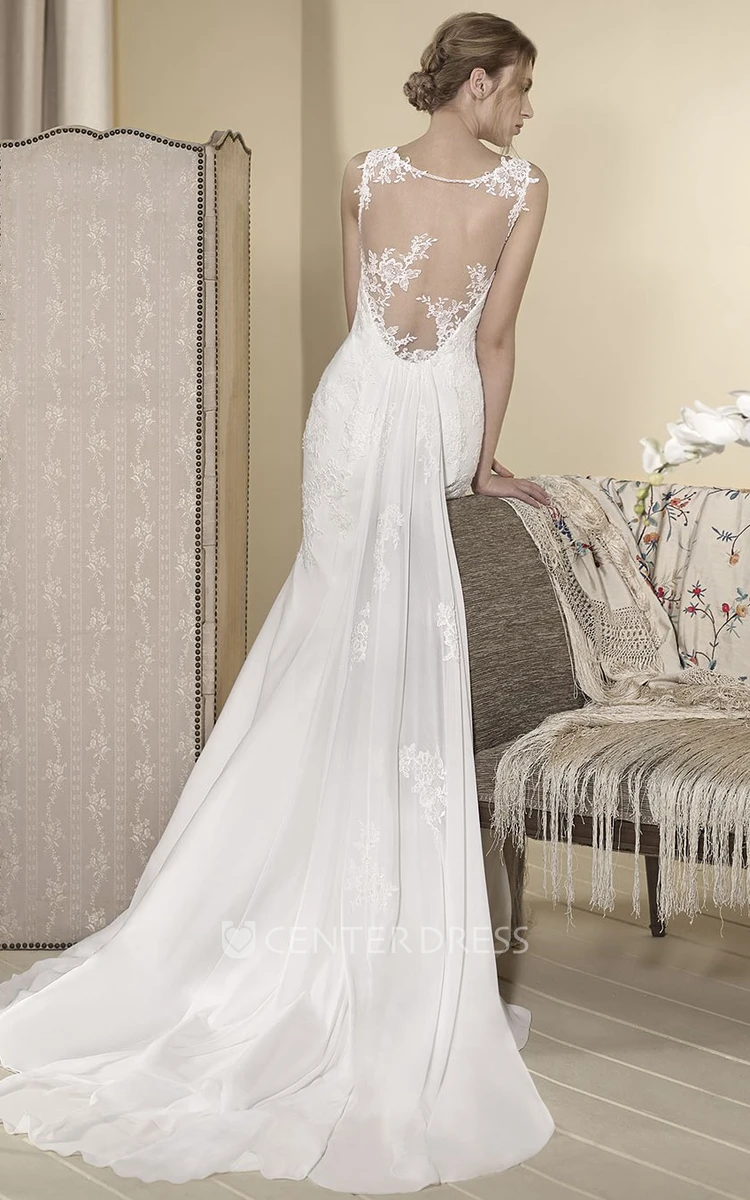 Sheath Maxi Appliqued Sleeveless V-Neck Chiffon Wedding Dress
