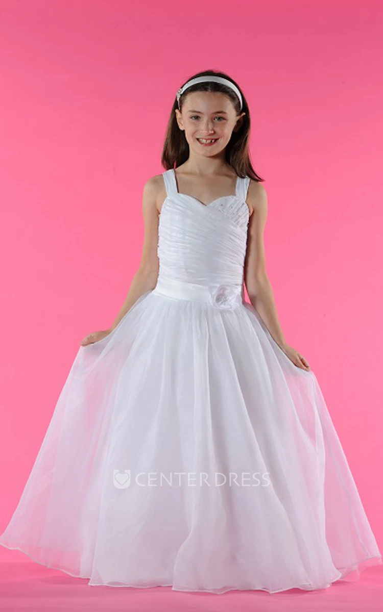 Flower Girl Floral Waist Organza Long Dress With Double Straps And Pearls