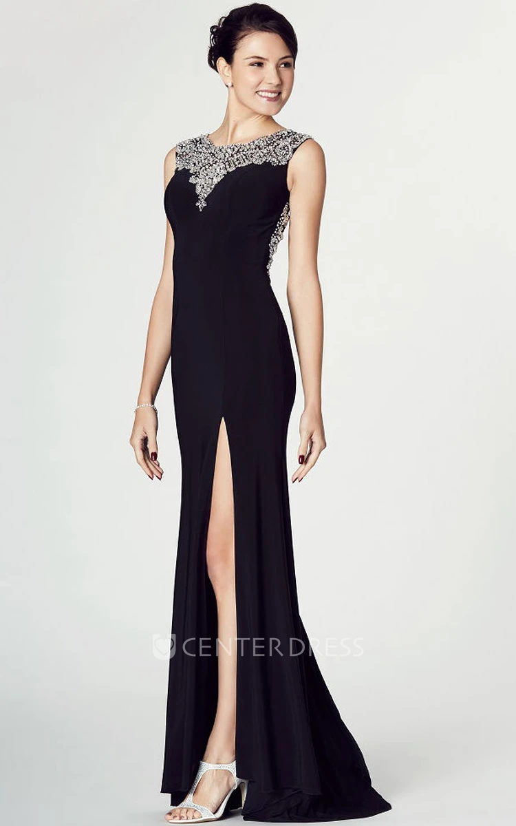 Floor-Length V-Neck Beaded Sleeveless Jersey Prom Dress