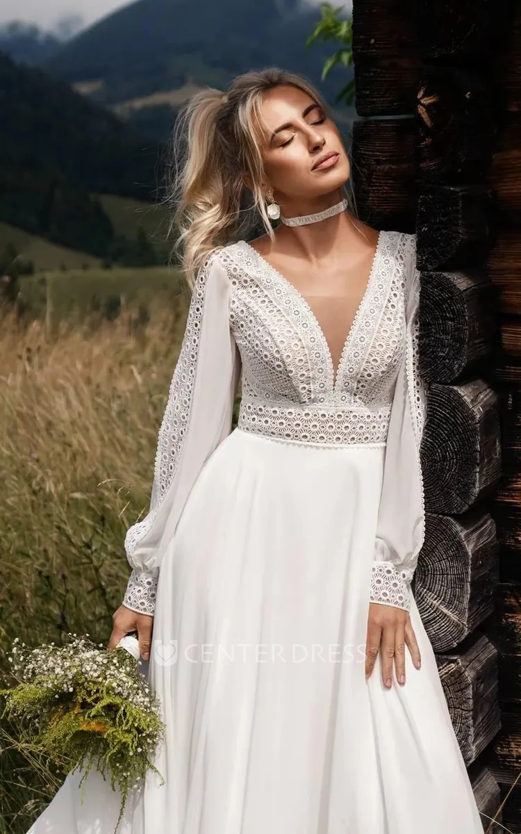 Country Bohemian Lace Chiffon A-Line Plunging Neckline Wedding Dress Romantic Solid Puff Long Sleeve Floor-length Low-V Back Bridal Gown with Train