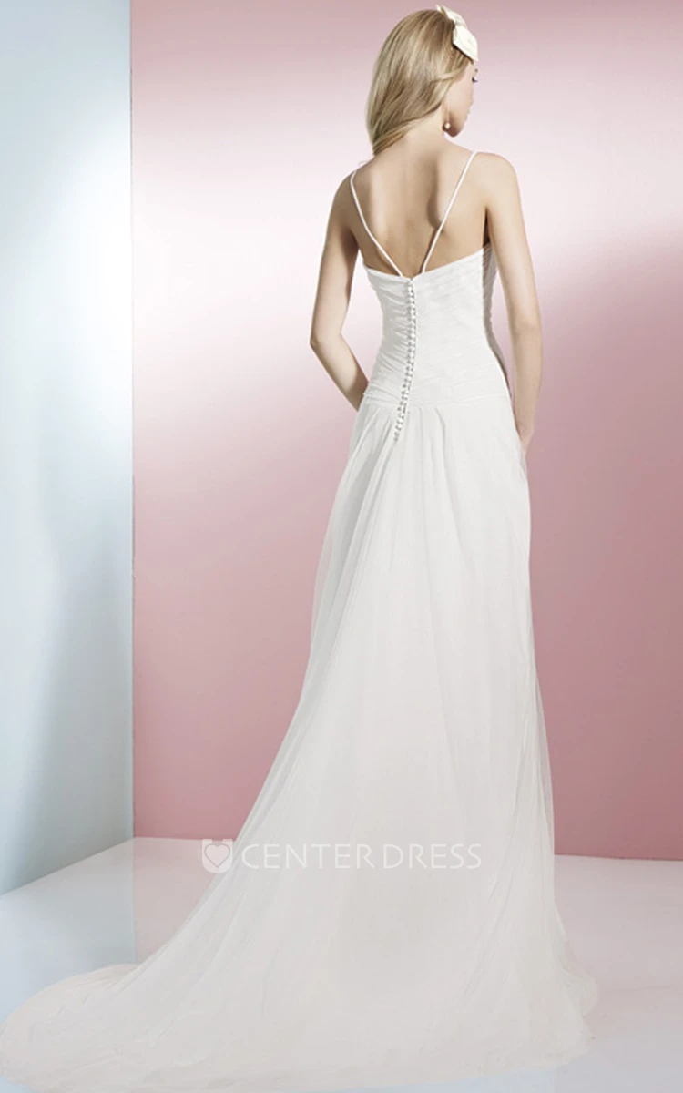 Sleeveless Spaghetti Jeweled Long Wedding Dress With Low-V Back And Draping