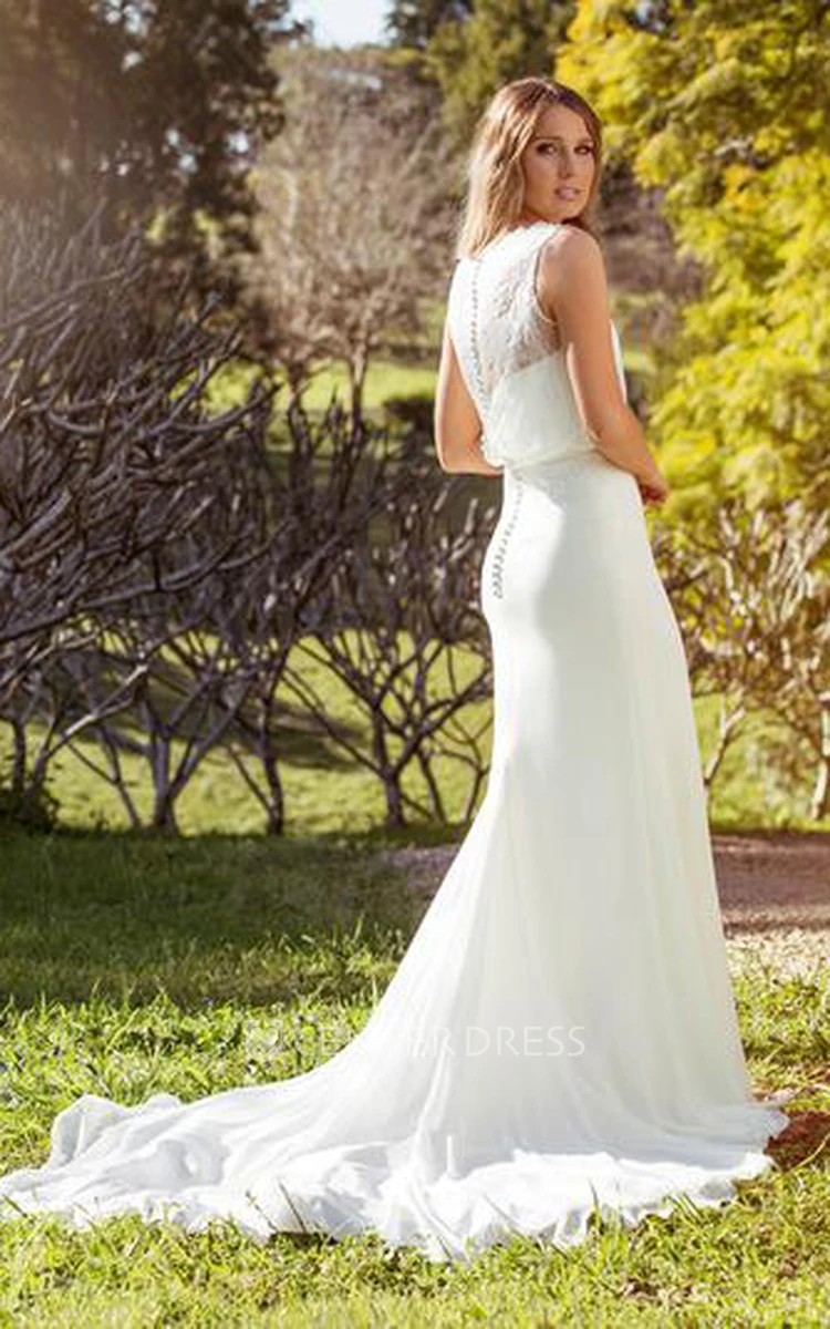 Sheath Lace Sleeveless Floor-Length Chiffon Wedding Dress With Court Train And Illusion Back
