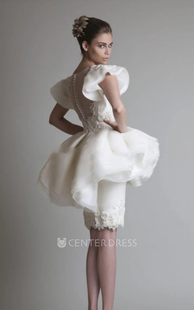 Sheath Knee-length Short Sleeve Jewel Appliques Ruffles Peplum Organza Lace Homecoming Dress