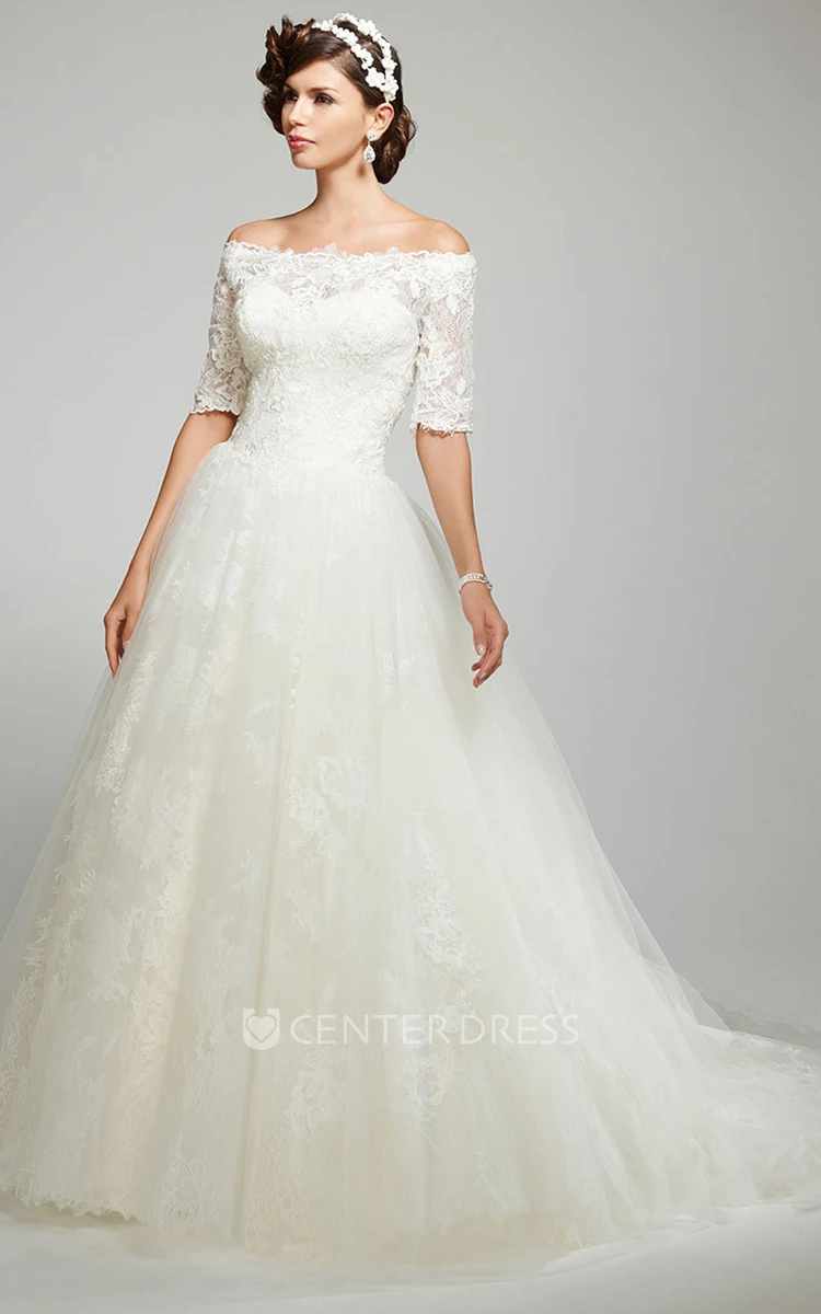 Ball Gown Off-The-Shoulder Appliqued Short Sleeve Tulle Wedding Dress