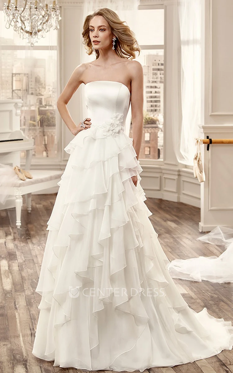 Strapless Floor-Length Appliqued Draped Satin Wedding Dress With