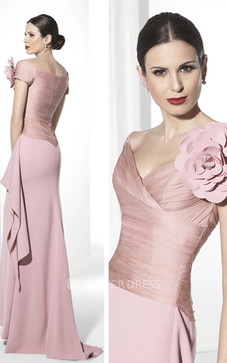 Sheath Ruched Short-Sleeve Floor-Length V-Neck Jersey Prom Dress With Flower And Draping